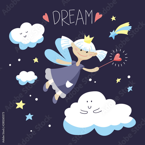 Cute fairy girl with a magic wand. Cartoon illustration.