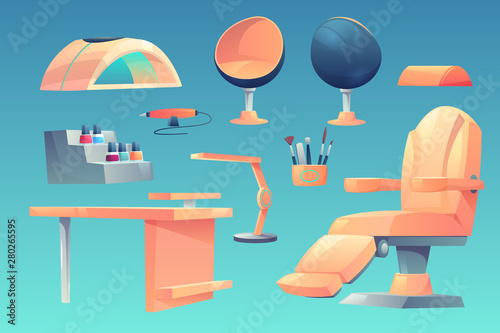 Manicure, pedicure salon, furniture, appliances set isolated on blue background, table, transforming and egg shaped armchairs, ultraviolet lamp, brushes and nail polishes, Cartoon vector illustration