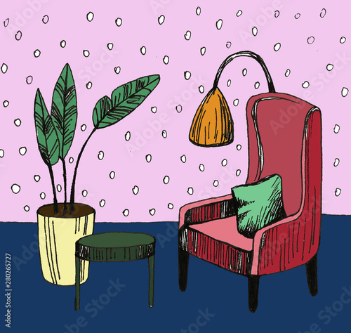 Hand drawn home interior sketch with armchairs, flower in a pot and lamp. Colored illustration photo