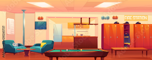 Fire station recreation room, empty interior with steel pole, billiard table, kitchen area, armchairs, tv, lockers with uniform, signaling, place for firefighters leisure, Cartoon vector Illustration