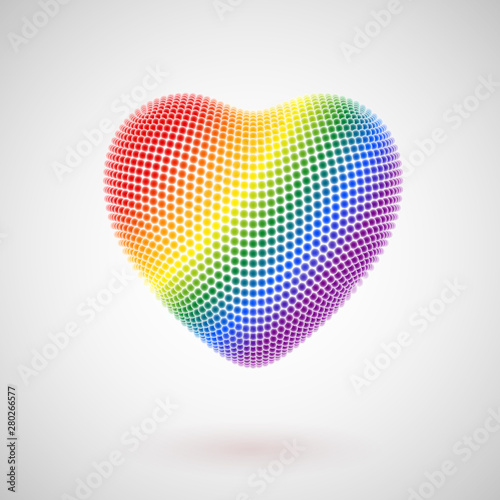 Valentines day greeting postcard: bright balls in the color of the rainbow in the shape of a 3D heart. Symbol of gay love. Concept of LGBT love and gay pride. EPS 10, vector illustration.