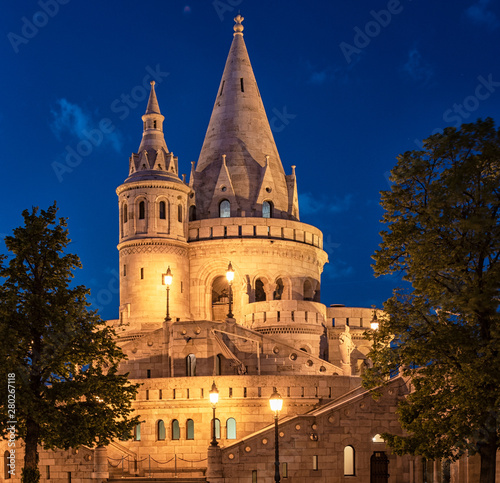 Fisherman's Bastion in Budapest, Hungary in dusk
