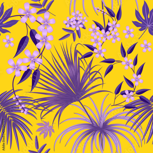 Vector tropical seamless pattern in violet colors.