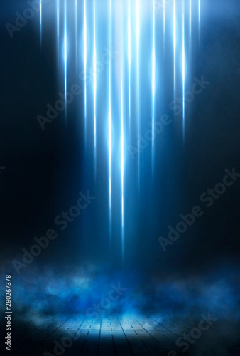 Empty street scene background with abstract spotlights light. Night view of street light reflected on water. Rays through the fog. Smoke, fog, wet asphalt with reflection of lights. 