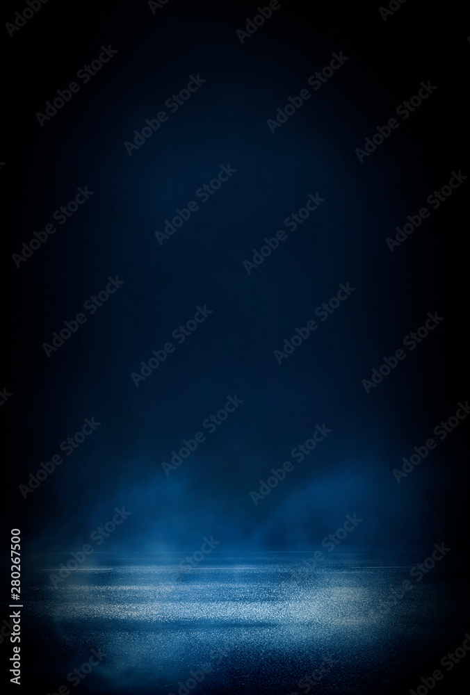 Empty street scene background with abstract spotlights light. Night view of street light reflected on water. Rays through the fog. Smoke, fog, wet asphalt with reflection of lights. 