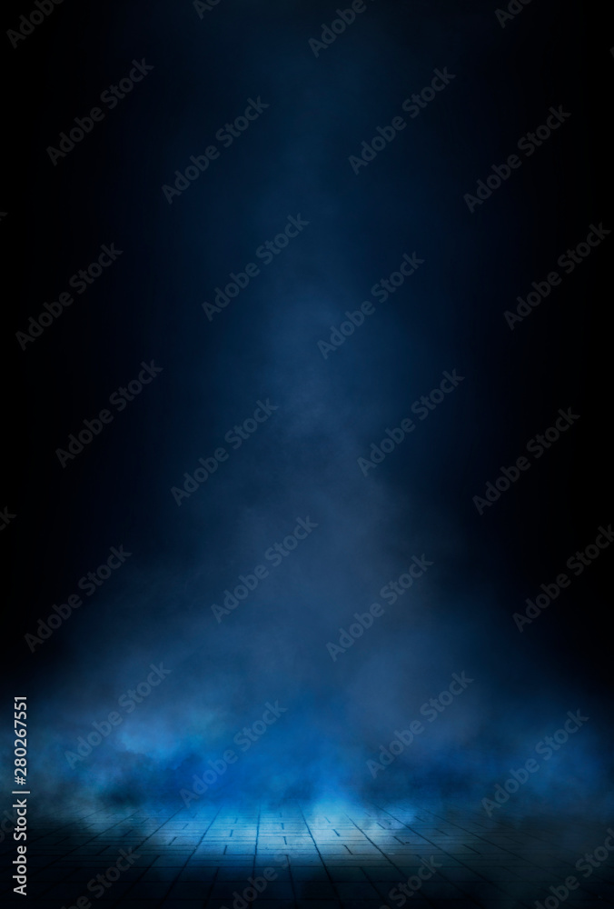 Empty street scene background with abstract spotlights light. Night view of street light reflected on water. Rays through the fog. Smoke, fog, wet asphalt with reflection of lights. Empty street scene background with abstract spotlights light. Night view of street light reflected on water. Rays through the fog. Smoke, fog, wet asphalt with reflection of lights.