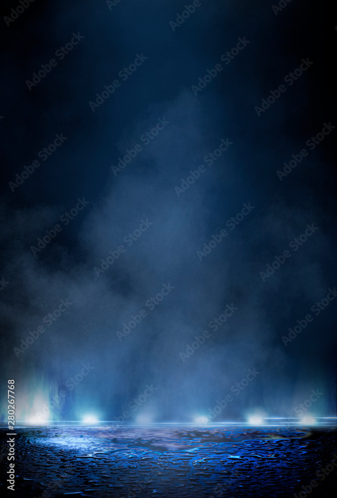 Empty street scene background with abstract spotlights light. Night view of street light reflected on water. Rays through the fog. Smoke, fog, wet asphalt with reflection of lights. 