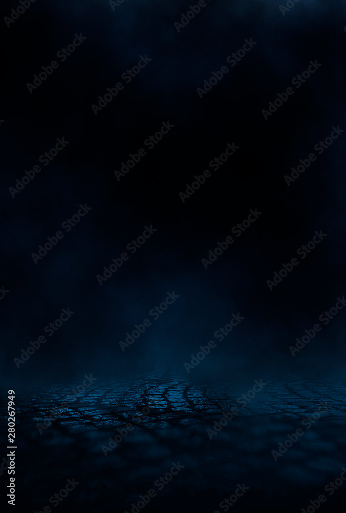Empty street scene background with abstract spotlights light. Night view of street light reflected on water. Rays through the fog. Smoke, fog, wet asphalt with reflection of lights. Empty street scene background with abstract spotlights light. Night view of street light reflected on water. Rays through the fog. Smoke, fog, wet asphalt with reflection of lights.