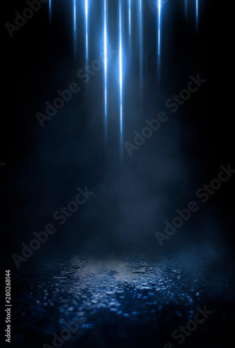 Empty street scene background with abstract spotlights light. Night view of street light reflected on water. Rays through the fog. Smoke  fog  wet asphalt with reflection of lights. 