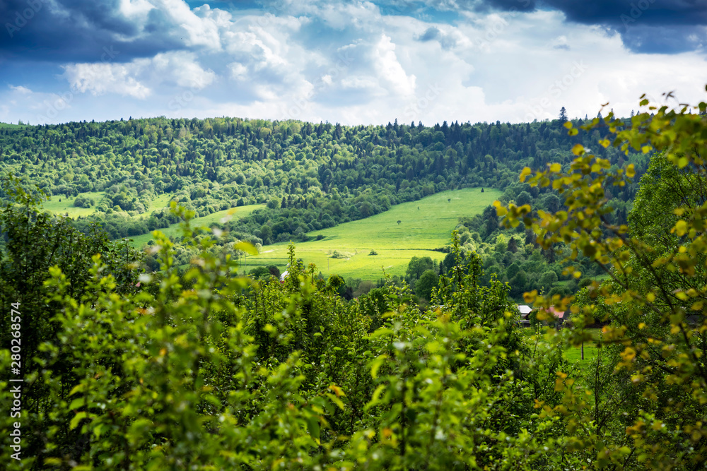 Green mountains and mountain valleys in the Ukrainian Carpathians, Lviv region