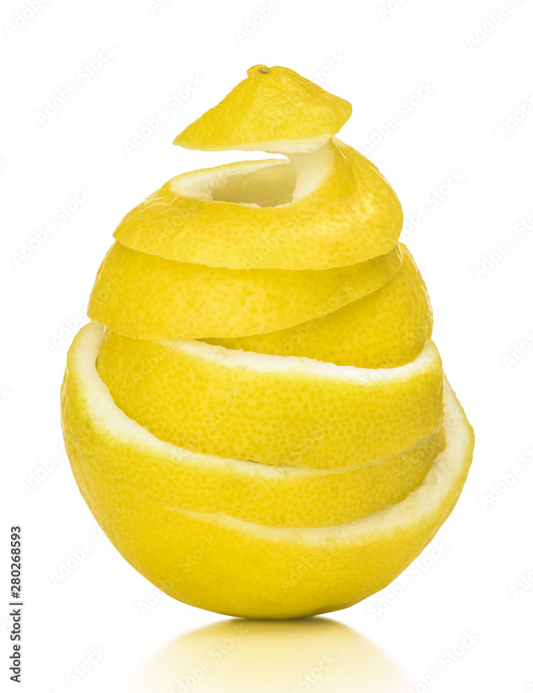 The spiral of lemon skin on isolated white background The spiral of lemon skin on isolated white background