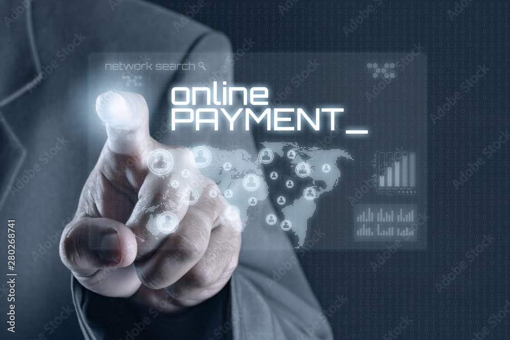 Business man pointing to virtual screen. Business & Technology Concept