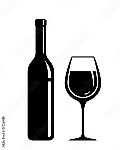 Wine bottle and wine glass. Isolated vector icons.