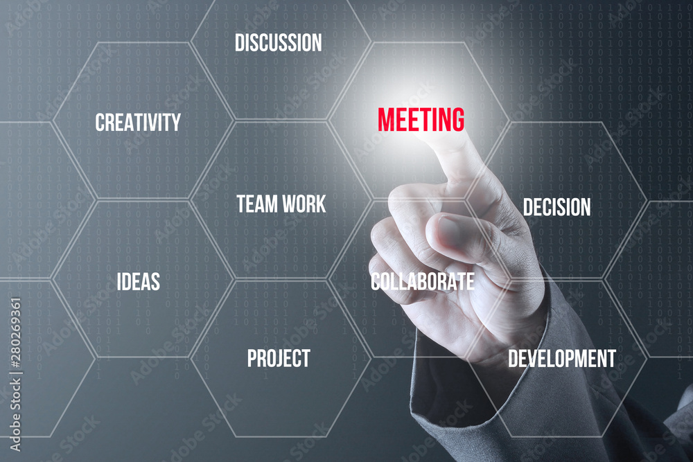 Concept about meeting and related words with a businessman in background Concept about meeting and related words with a businessman in background