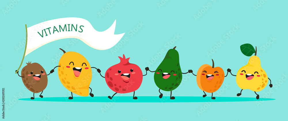Fototapeta premium Funny fruits go hand in hand. Vector illustration in cartoon style.