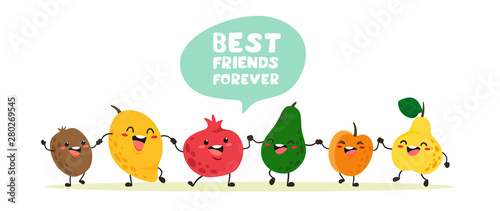 Funny fruits go hand in hand with text balloons, handwriting, lettering. Vector illustration in cartoon style.