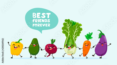 Funny vegetables with text balloons go hand in hand one after another. Vector vegetable isolates in cartoon style. Vitamins. Handwriting