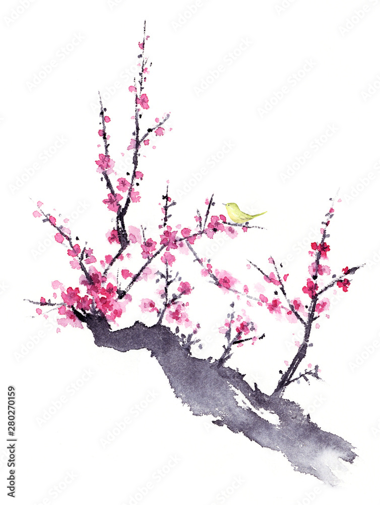 梅とうぐいす 水墨画 Stock イラスト Adobe Stock