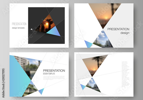 The minimalistic abstract vector layout of the presentation slides design business templates. Creative modern background with blue triangles and triangular shapes. Simple design decoration.