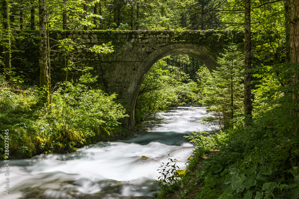 Stone bridge over the Kamniska bistrica river at the spring Stone bridge over the Kamniska bistrica river at the spring