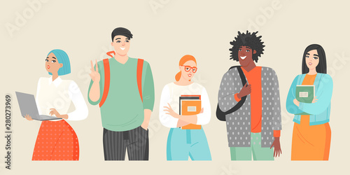 Set of vector illustrations of young people of different nationalities. Group of students