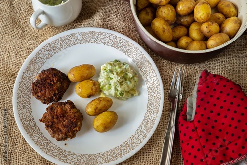 Minced meat balls, potato and avocado dip on rustic table.