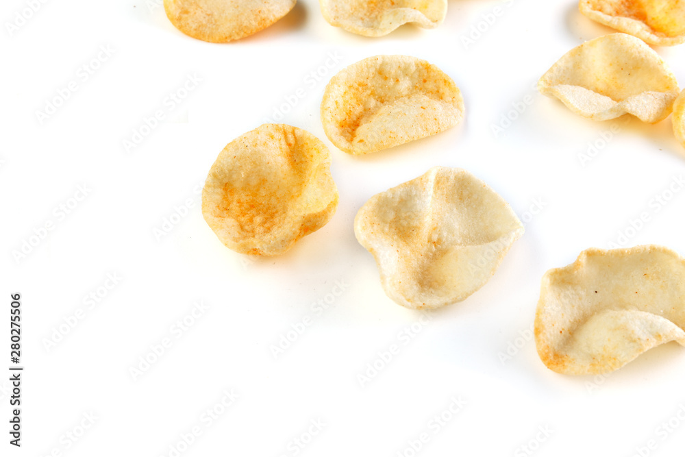 Potatoes snack with pepper on isolated white background. Closeup Potatoes snack with pepper on isolated white background. Closeup