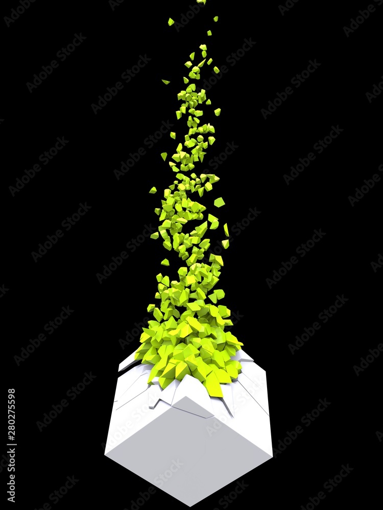 White abstract cube shape exploding into thousand bright green pieces