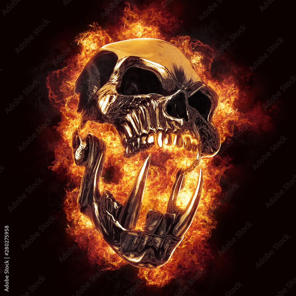Screaming demon orc heavy metal skull engulfed in flames Иллюстрация Stock  | Adobe Stock
