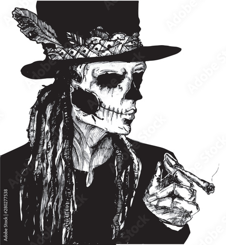 vector hand drawn monochrome illustration of Baron Samedi - voodoo loa.
