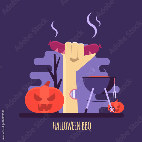 Vector illustration of Halloween party barbecue invitations or greeting cards. Concept of zombie hand, pumpkin, barbeque, grill and dark forest. Flat design