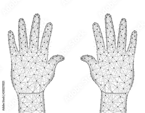 Human palms of hands low poly design, gesture in polygonal style, body part wireframe vector illustration made from points and lines on a white background