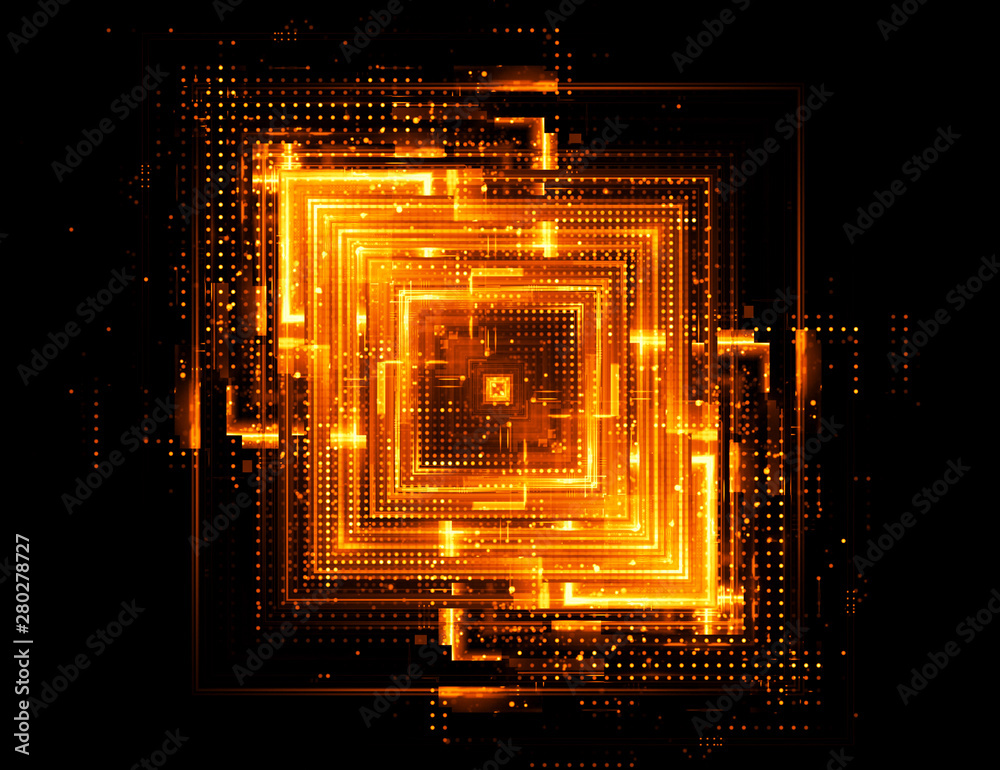 Abstract dark background. Bright box. Shine square. Sci fi shape. Light golden geometry. Smart code. Energy effect. Big data. Vivid streak. Vibrant strings. Digital chip. Glare grid lines. Cubes - obrazy, fototapety, plakaty 
