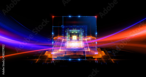 CPU socket. Modern technology. Big data center. 3D rendering..Light effect. Future microcontroller. Blockchain. Energy grid.Super system. Virtual reality. Digital signal. Overclock module