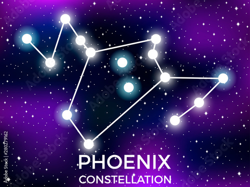 Phoenix constellation . Starry night sky. Zodiac sign. Cluster of stars and galaxies. Deep space. Vector illustration