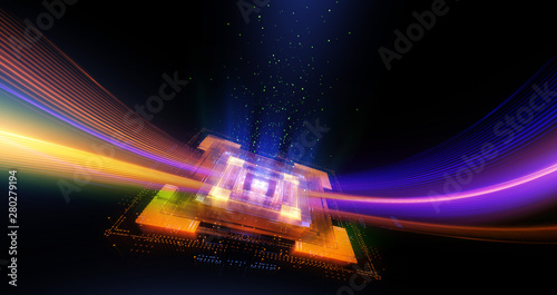 CPU socket. Modern technology. Big data center. 3D rendering..Light effect. Future microcontroller. Blockchain. Energy grid.Super system. Virtual reality. Digital signal. Overclock module