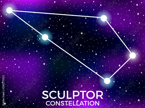 Sculptor constellation. Starry night sky. Zodiac sign. Cluster of stars and galaxies. Deep space. Vector illustration