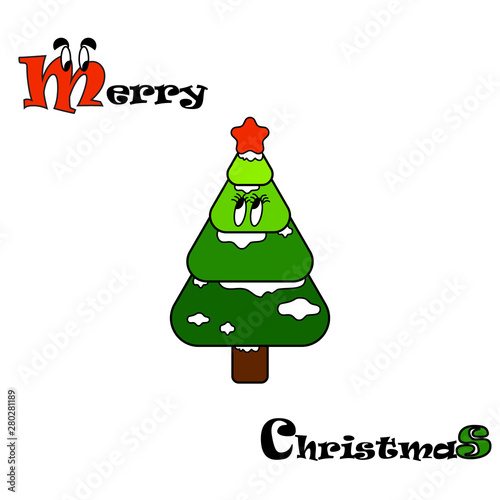 Doodle Christmas holiday design vector art cute pine tree with snow and red star on it and looking with open eyes funny Merry Christmas texture around it