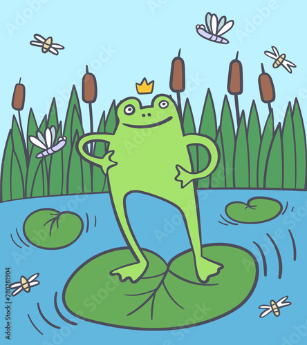 Happy frog in the rushy swamp with flies, dragonfly. Summer swamp. Princess in a pond. Vector cartoon illustration - Vector