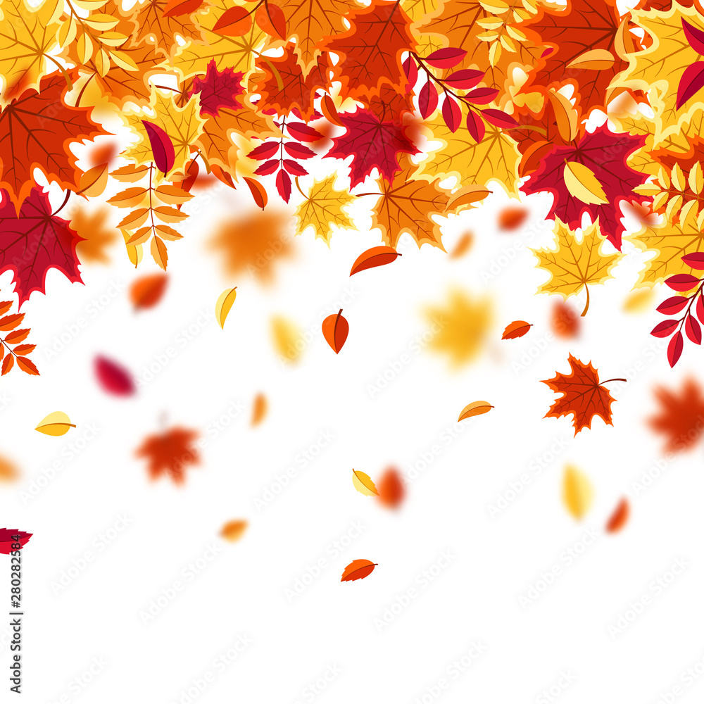 Autumn falling leaves. Nature background with red, orange, yellow foliage. Flying leaf. Season sale. Vector illustration. Autumn falling leaves. Nature background with red, orange, yellow foliage. Flying leaf. Season sale. Vector illustration.