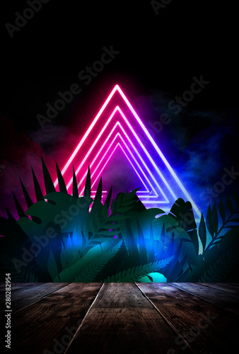 Night concept of a wooden table scene. Tropical leaves neon light. Blank poster, scene night view.