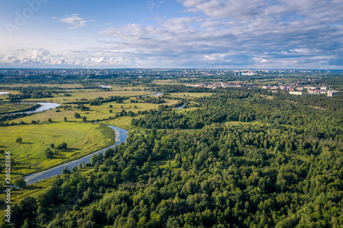 The valley of the Klyazma river in Vladimir, Russia the top view from the drone