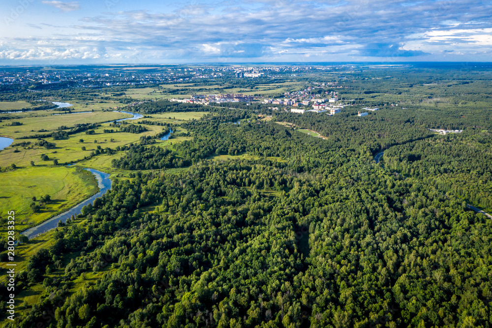 The valley of the Klyazma river in Vladimir, Russia the top view from the drone