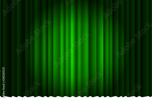 Closed luxury green curtain with many shadow stage background spotlight beam illuminated. Theatrical fabric drapes stage opening ceremony. Vector illustration