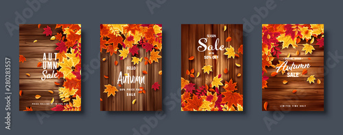 Autumn falling leaves. Banner set. Nature background with red, orange, yellow foliage. Flying leaf. Season sale. Vector illustration.