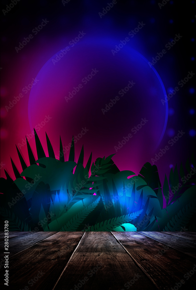 Night concept of a wooden table scene. Tropical leaves neon light. Blank poster, scene night view.