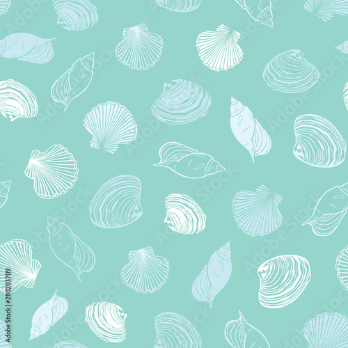 Vector pastel light blue seashells paradise repeat pattern. Suitable for gift wrap, textile and wallpaper.