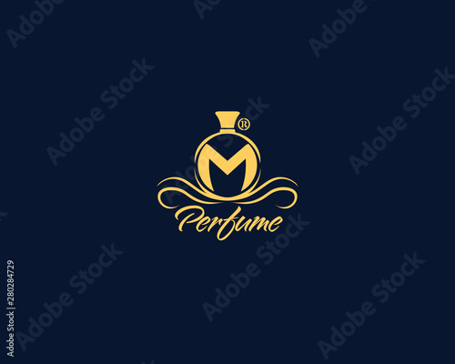 Elegant Luxury perfum logo design letter M gold with a dark background for your perfume company, parfumerie and more business like cosmetics boutique, beauty, floral,.eps