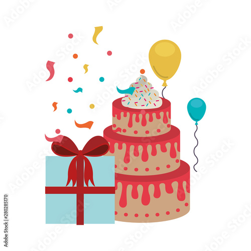 celebration with gift box and cake on white background