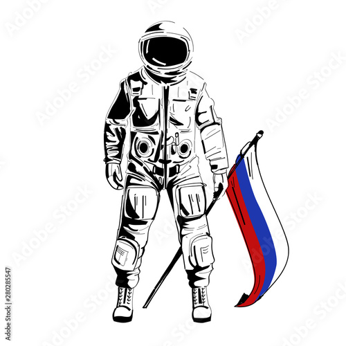 Russian Astronaut taking national flag . Cosmology symbol. Day of cosmology 12 of april. Vector illustration.